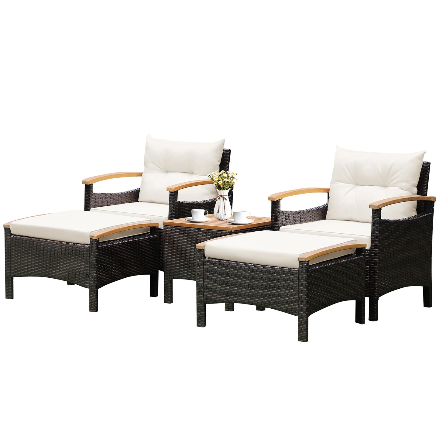 5PCS Patio  Set 2 Chairs Ottoman Cushioned Table W/Wood Top