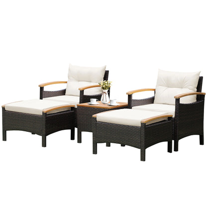5PCS Patio  Set 2 Chairs Ottoman Cushioned Table W/Wood Top