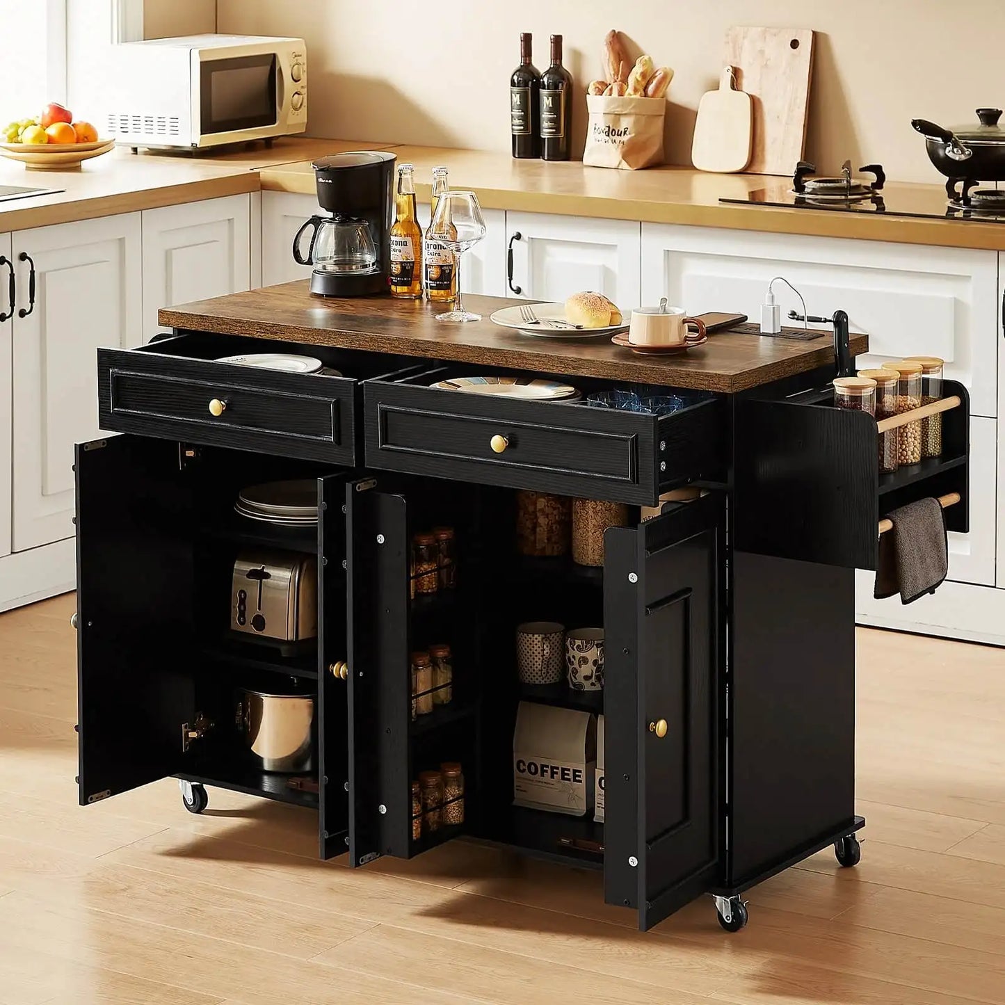 60" Mobile Kitchen Island Table Drop Leaf Carts with Power Outlet