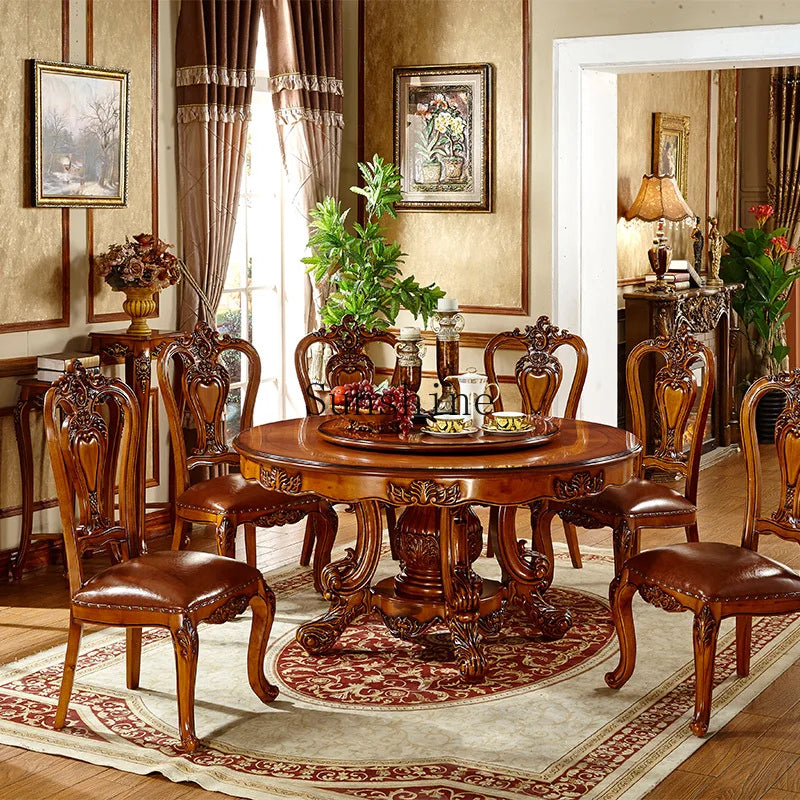 Dining table and chair combination solid wood marble round table with turntable