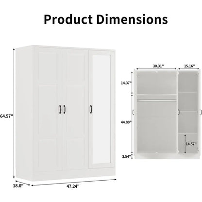 3-Door Wardrobe with Mirror, White storage Cabinet