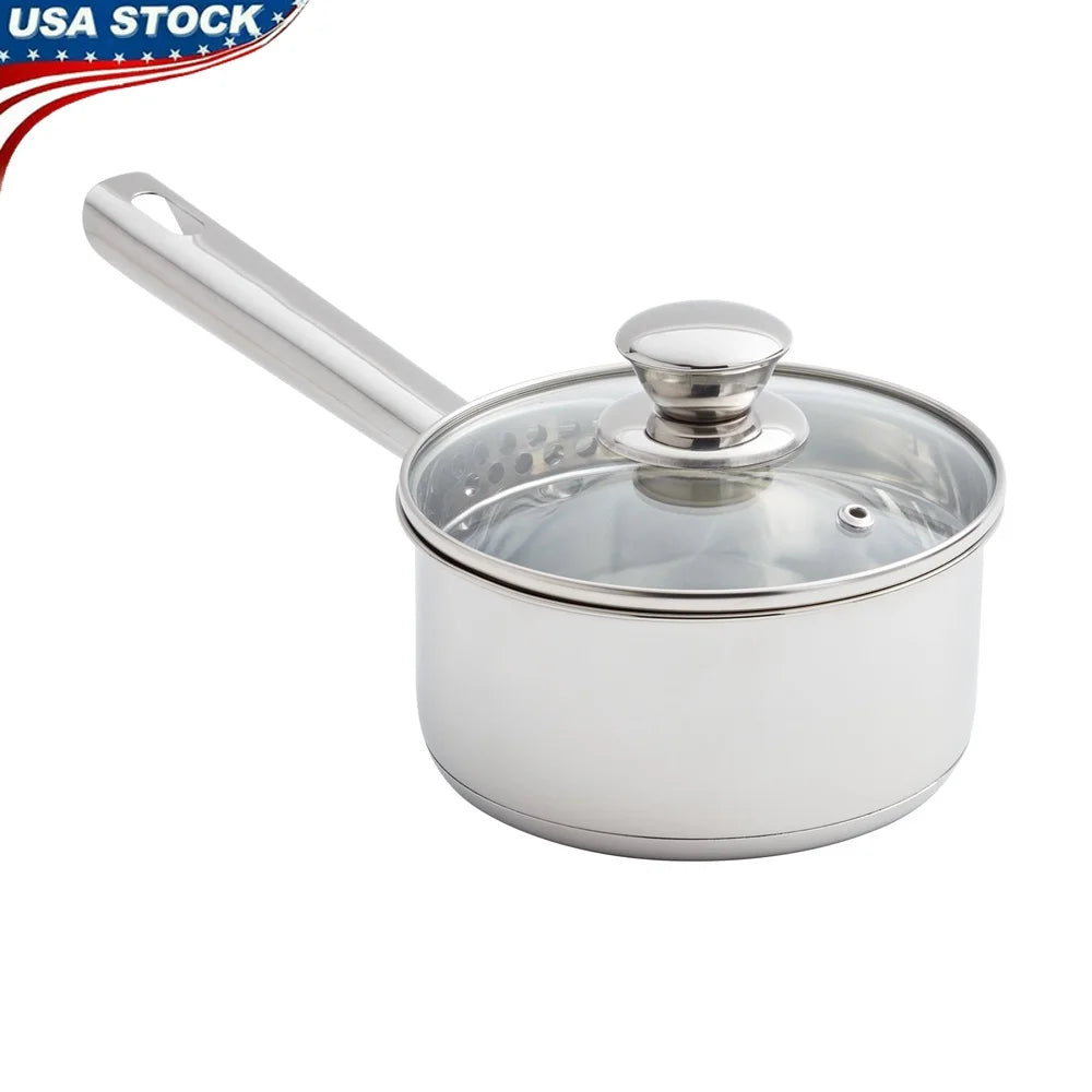 Oven Safe Stainless Steel Saucepan with Straining Lid 1qt Dishwasher
