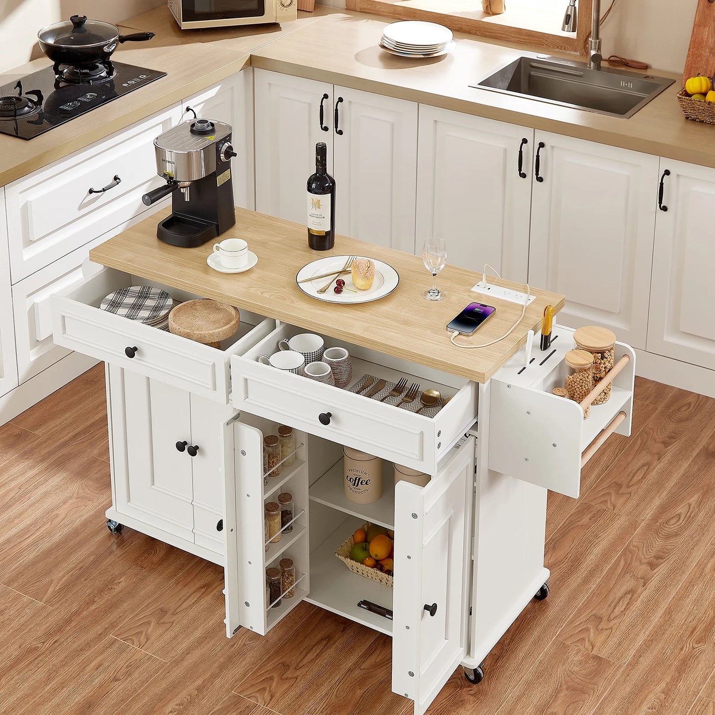 60" Mobile Kitchen Island Table Drop Leaf Carts with Power Outlet