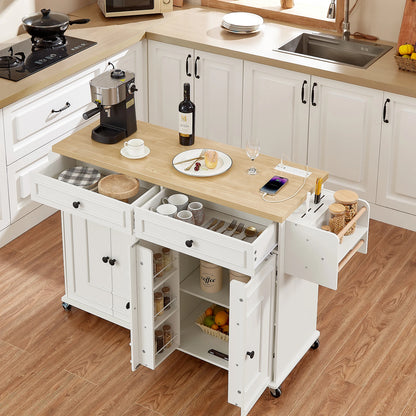 60" Mobile Kitchen Island Table Drop Leaf Carts with Power Outlet