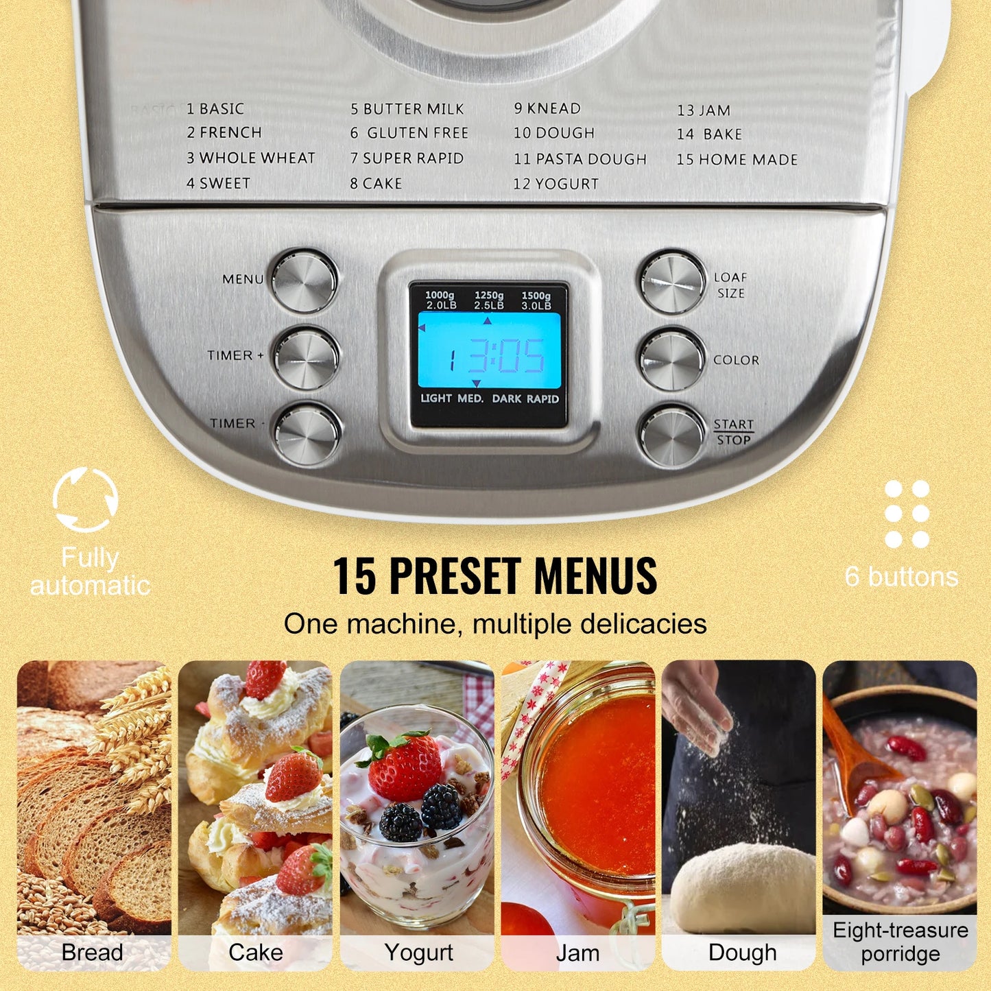 Bread Maker 2/3 LB  15-in-1 Dough Machine Nonstick Automatic with Gluten Free Setting