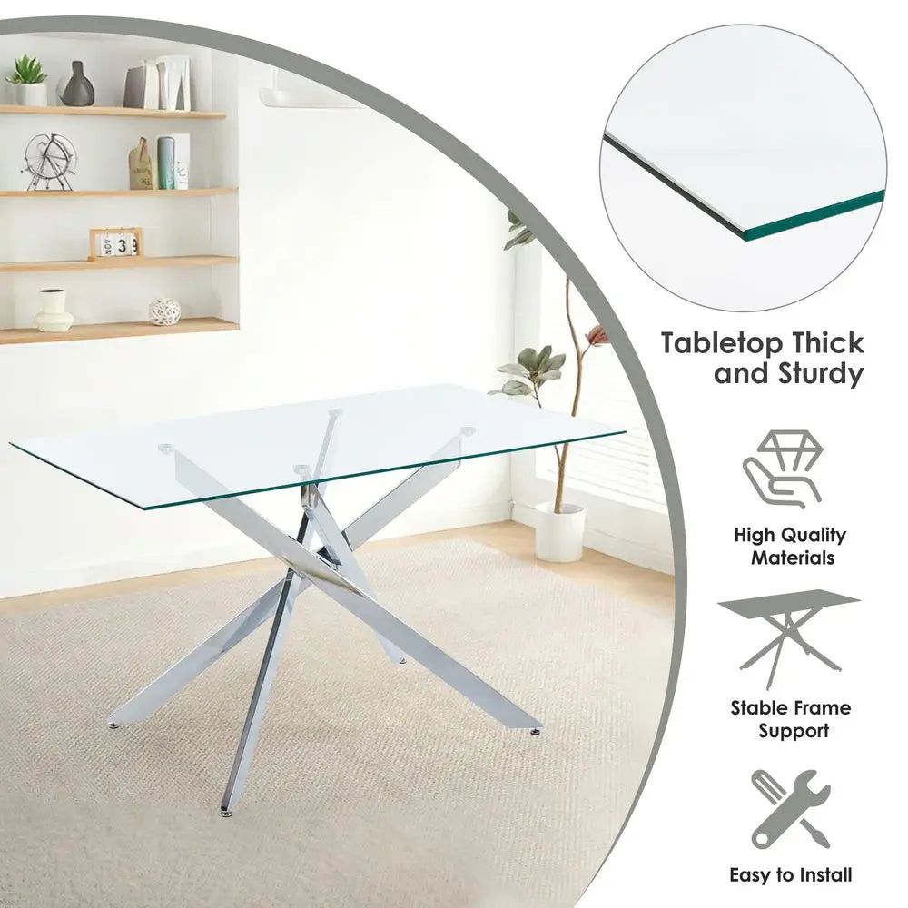 Dining Table Set for 4, Modern Rectangular Glass Table with 4 Upholstered Leather chairs