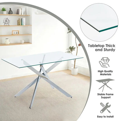 Dining Table Set for 4, Modern Rectangular Glass Table with 4 Upholstered Leather chairs