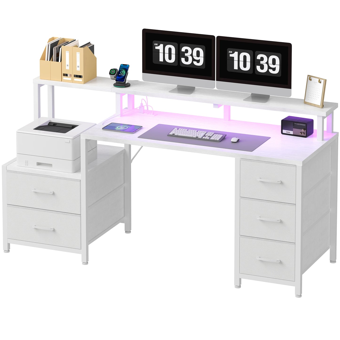 JHK 67In Desk with 5 Storage Drawers LED Lights Power Outlets
