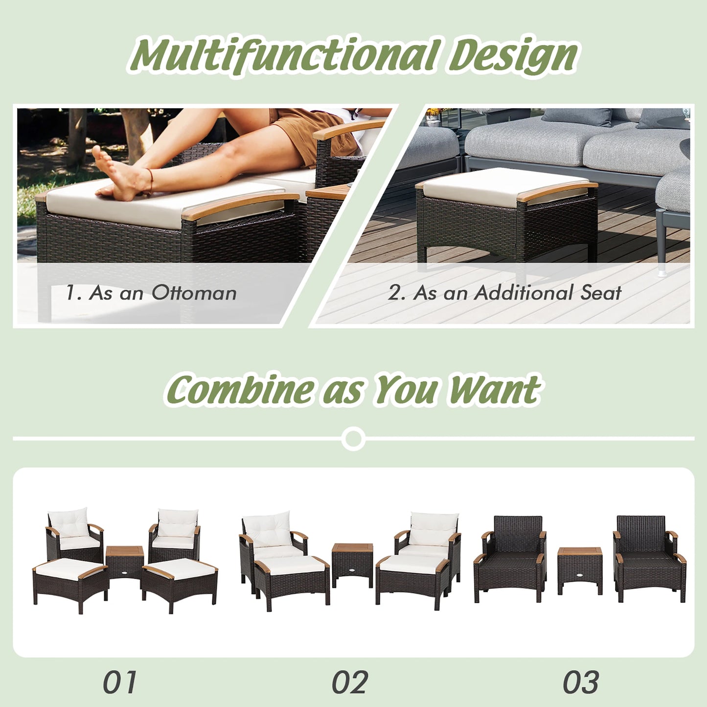 5PCS Patio  Set 2 Chairs Ottoman Cushioned Table W/Wood Top
