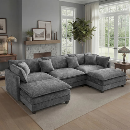 Redlife 113.4" Modular  Sofa with Ottoman,  Deep Seat (23.6" D), Solid Wood Frame,