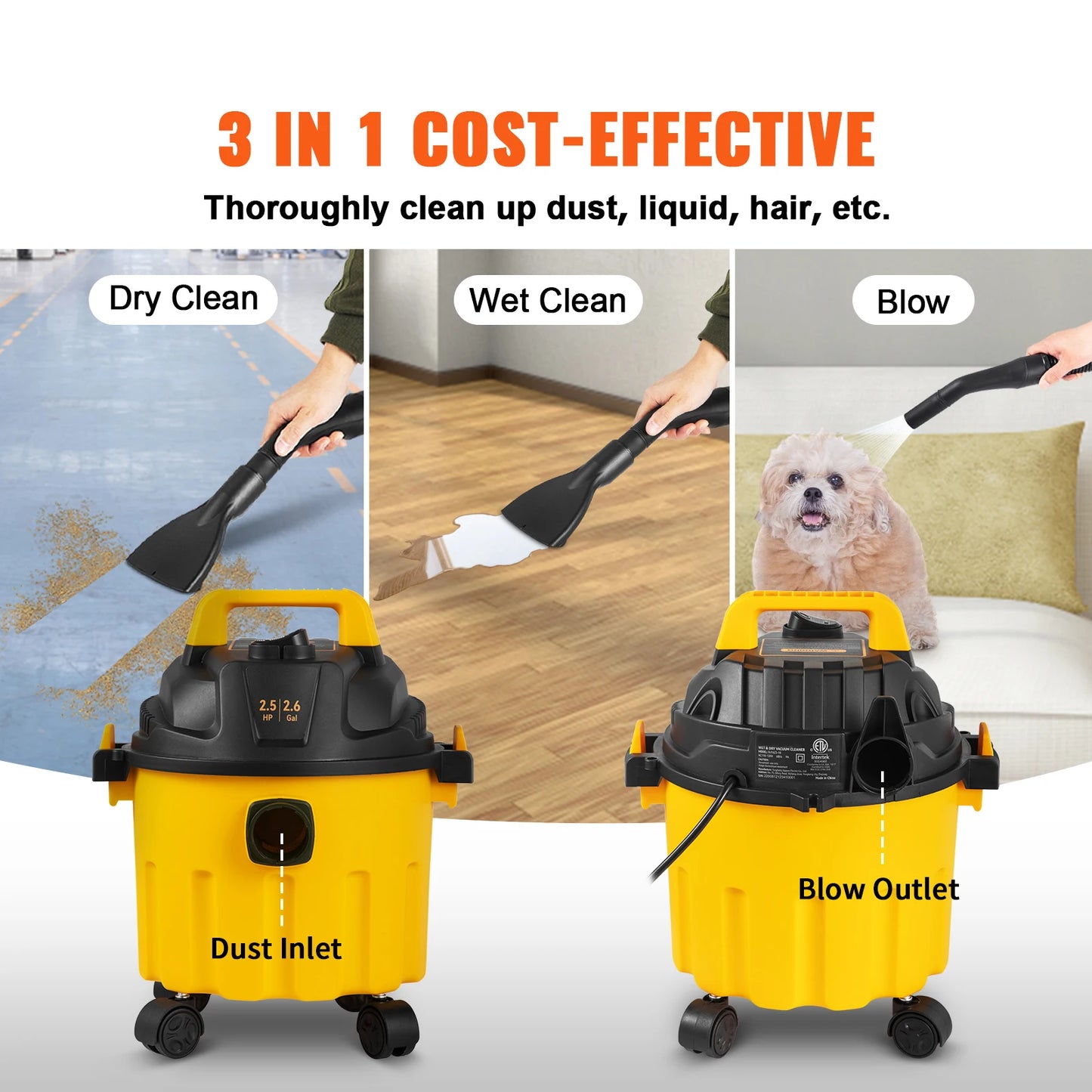 Wet Dry Vac 2.6 Gallon in 1Portable Shop Vacuum Attachment Storage