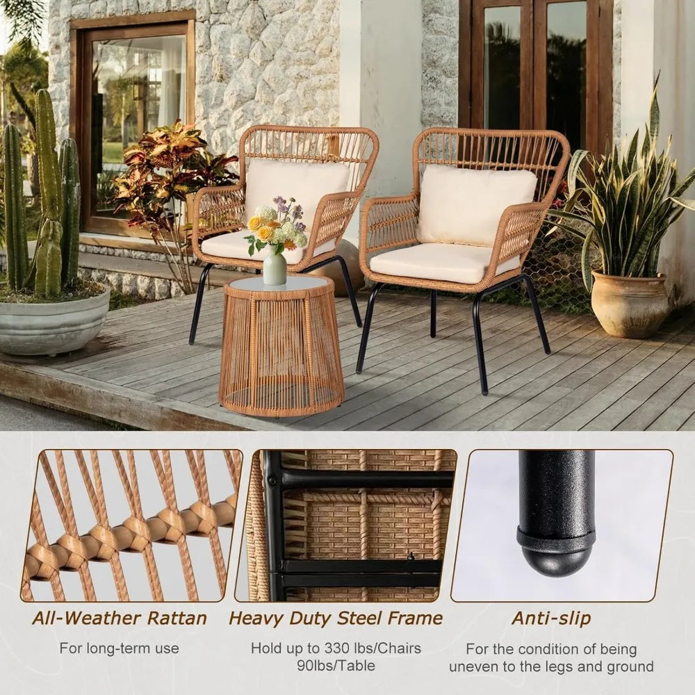 3 Piece Outdoor Wicker Bistro Set, w/2  Rattan Chairs and Tempered Glass Table,