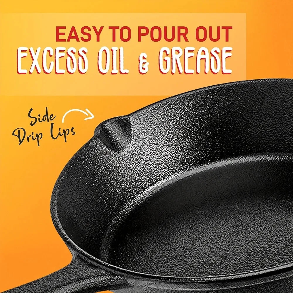 3-Piece Cast Iron Skillet Set (6/8/10 Inch) - Pre-Seasoned, Non-Stick,