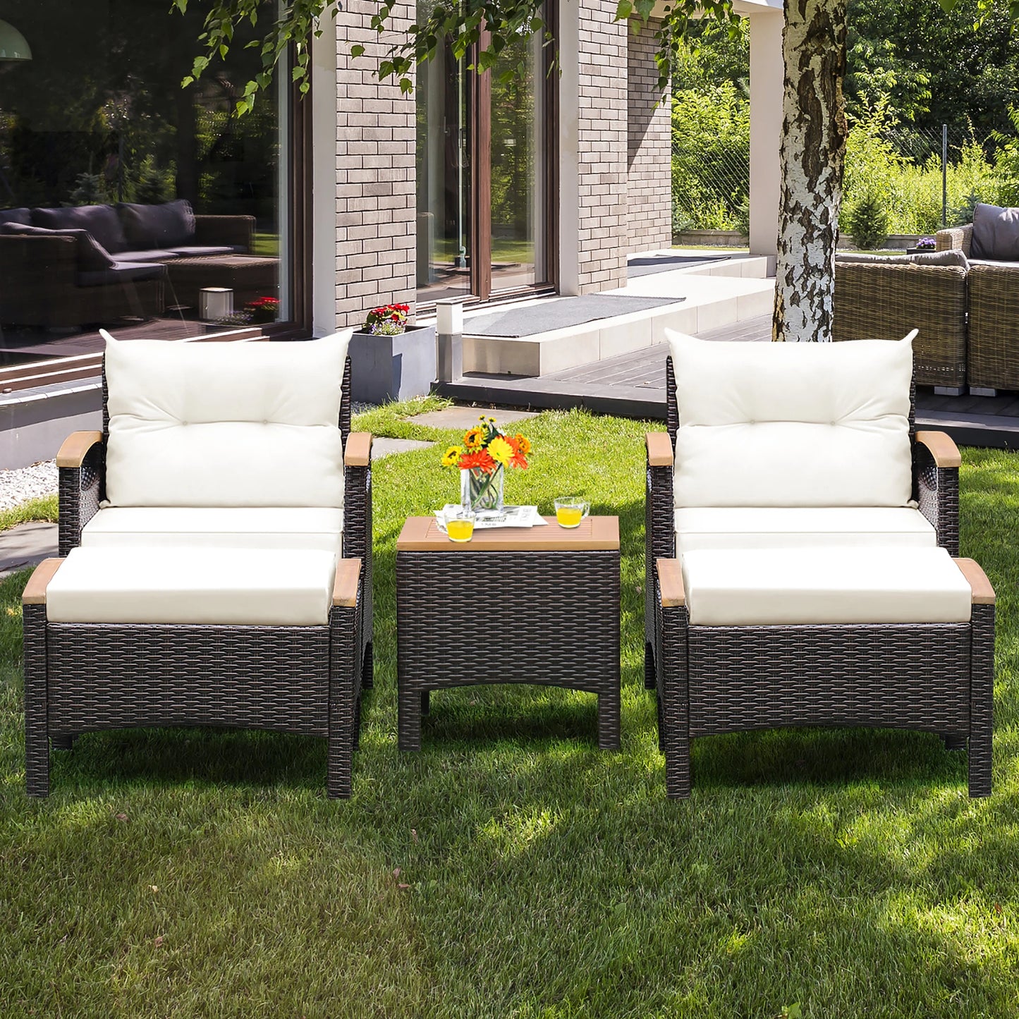 5PCS Patio  Set 2 Chairs Ottoman Cushioned Table W/Wood Top