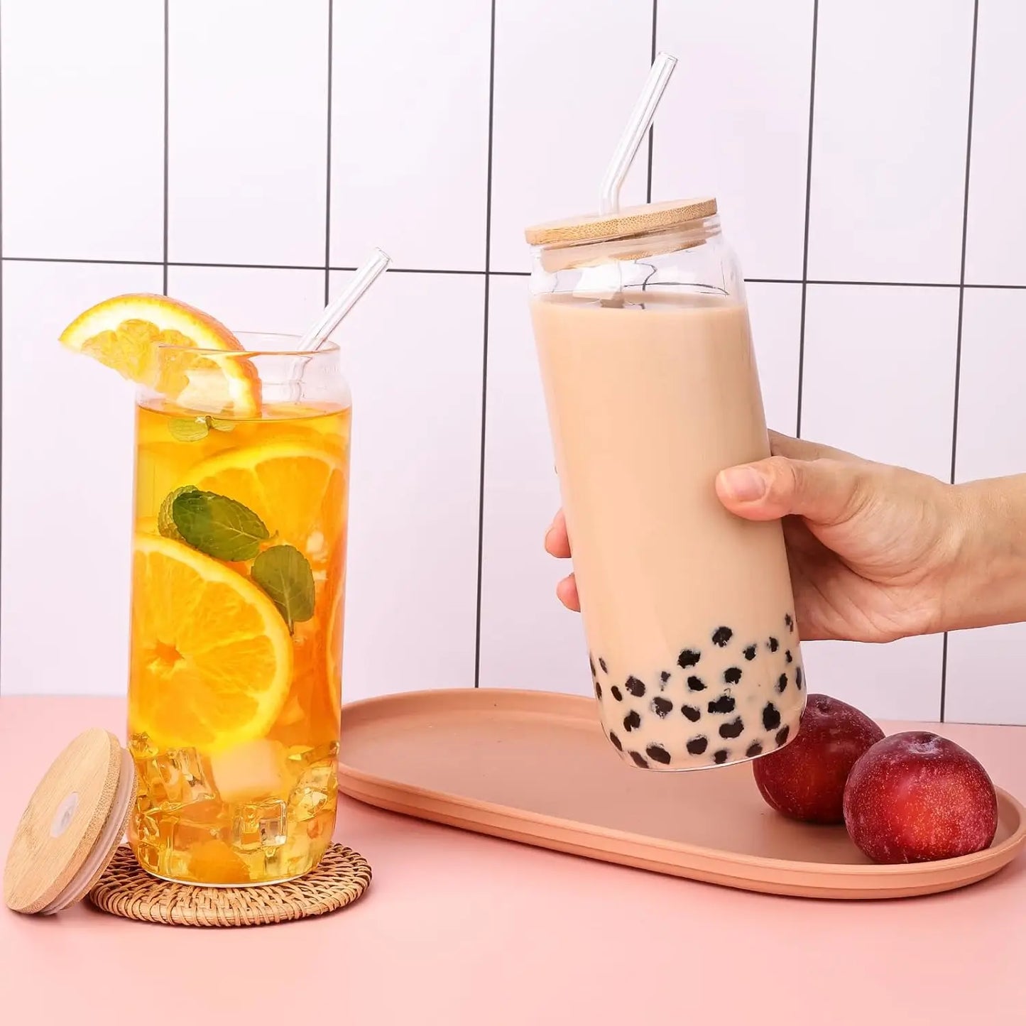 4Pcs 18.6Oz   Drinking Glasses  Bamboo Lids and Glass Straws,
