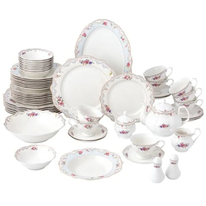 Romantic Bloom 57-Piece Bone China Dinnerware Set Service for 8 Floral with Blue and Gold Trim