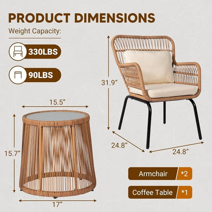 3 Piece Outdoor Wicker Bistro Set, w/2  Rattan Chairs and Tempered Glass Table,