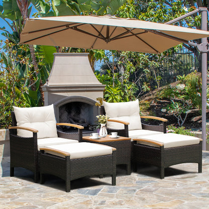 5PCS Patio  Set 2 Chairs Ottoman Cushioned Table W/Wood Top