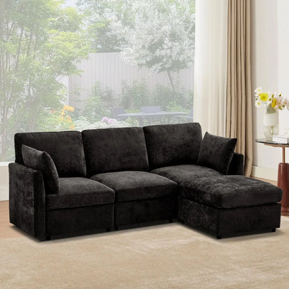 85" Convertible L Shaped Couch, ,Chenille Cloud Couch with Ottoman 4 Seat