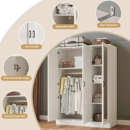 3-Door Wardrobe with Mirror, White storage Cabinet