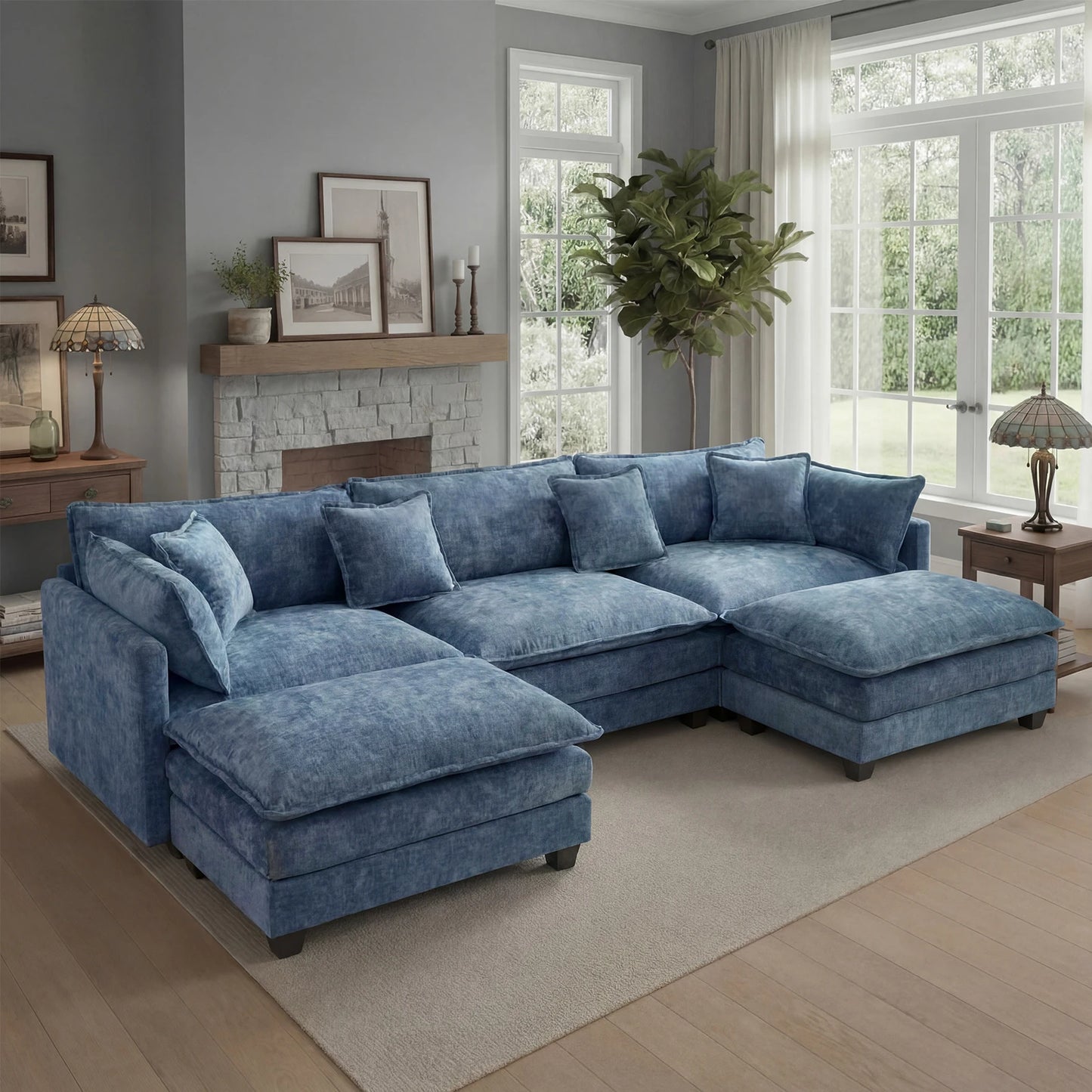 Redlife 113.4" Modular  Sofa with Ottoman,  Deep Seat (23.6" D), Solid Wood Frame,