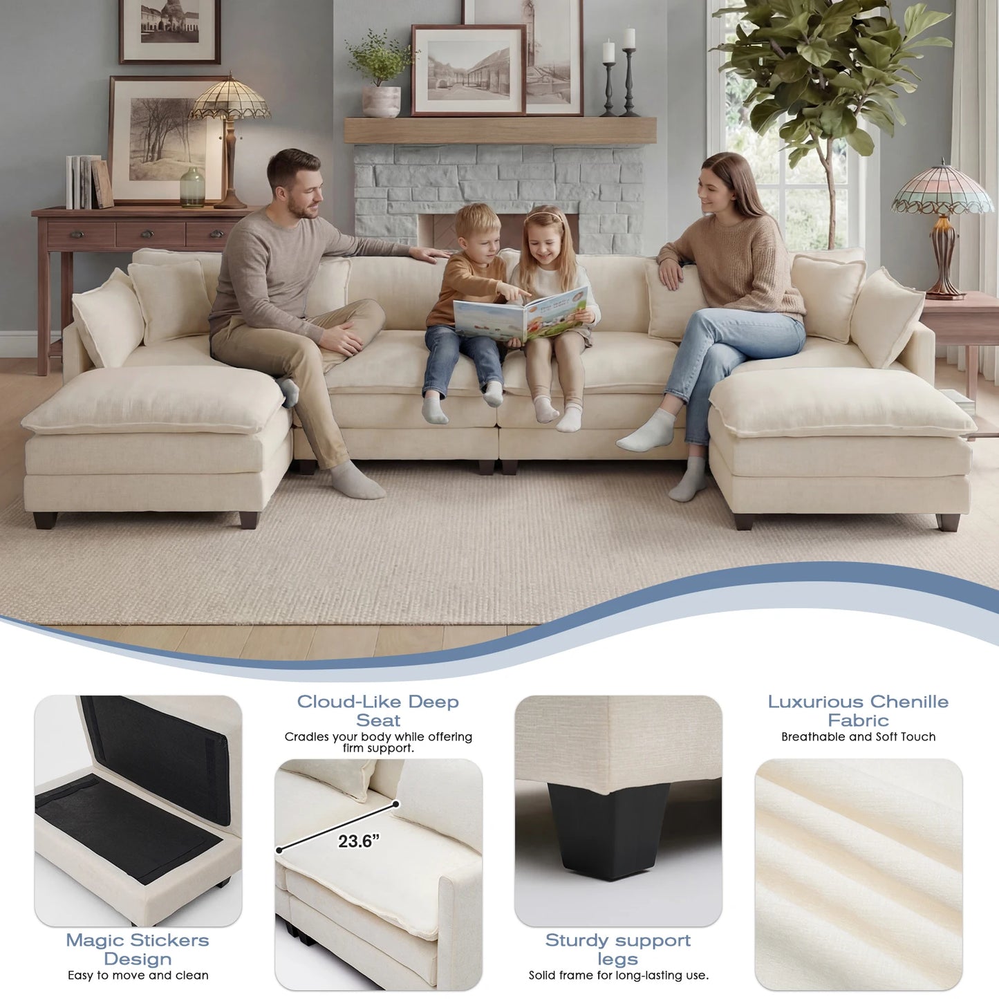 Redlife 113.4" Modular  Sofa with Ottoman,  Deep Seat (23.6" D), Solid Wood Frame,