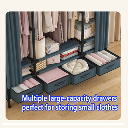 Portable Wardrobe, 55-inch Sliding Curtain Three Hanger Racks for Clothes