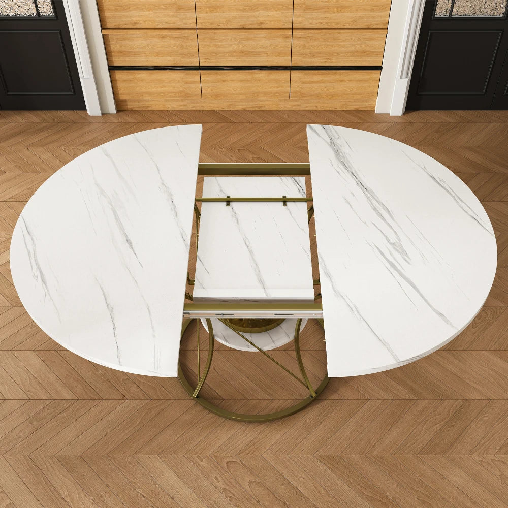 43 inch Round Extendable Dining Table for 4-6, Marble Veneer