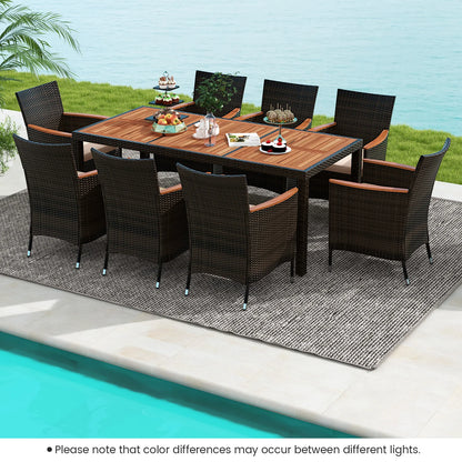 9PCS Patio Wicker Dining Set Acacia Wood Table Top Umbrella Hole Cushions Chairs