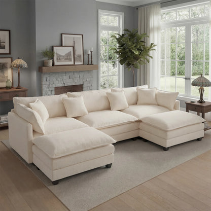 Redlife 113.4" Modular  Sofa with Ottoman,  Deep Seat (23.6" D), Solid Wood Frame,