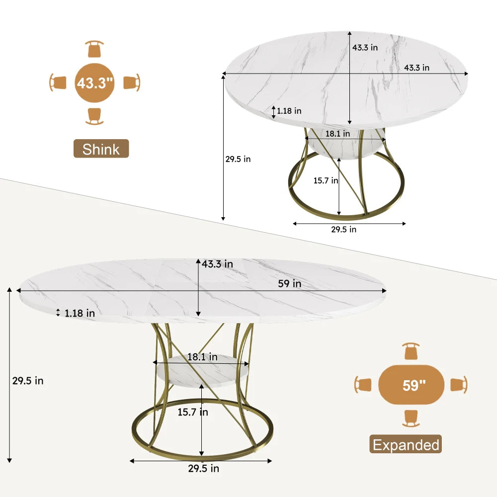 43 inch Round Extendable Dining Table for 4-6, Marble Veneer