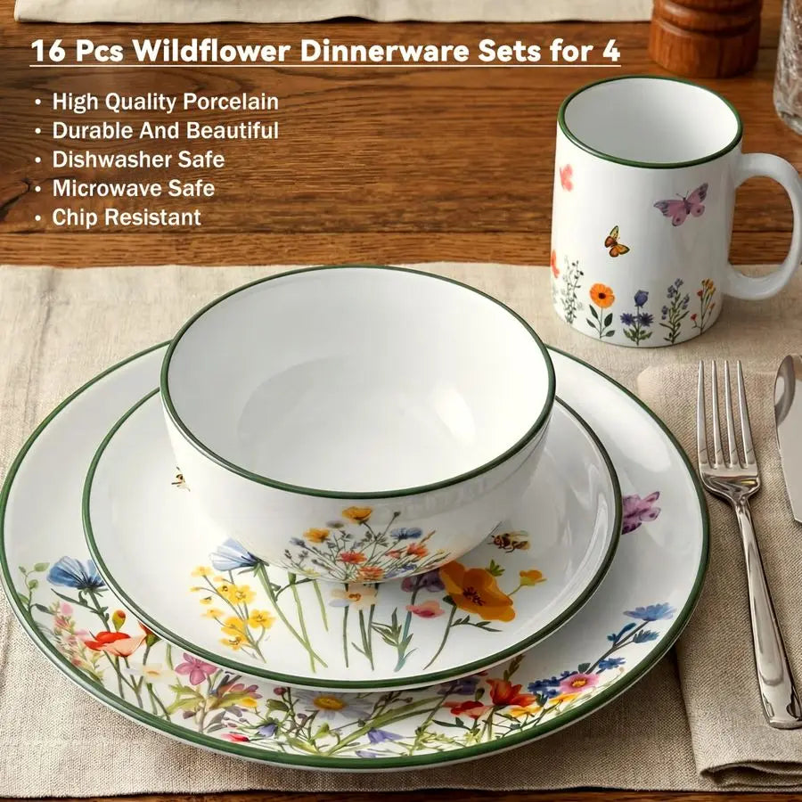 16 Pcs Wildflower Ceramic Dinnerware Set Floral Dish Set Spring Butterfly