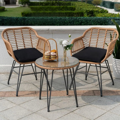 3 Piece Outdoor Wicker Bistro Set, w/2  Rattan Chairs and Tempered Glass Table,