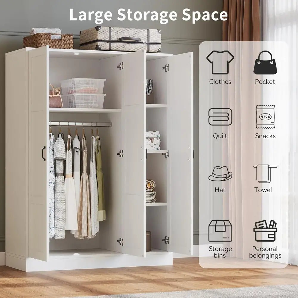 3-Door Wardrobe with Mirror, White storage Cabinet