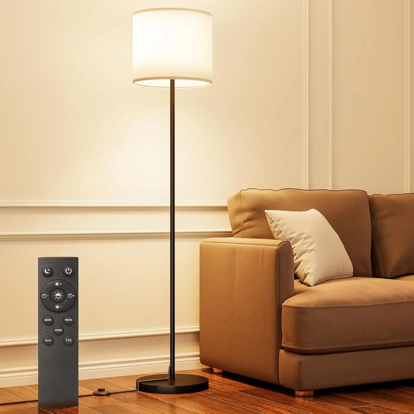 Dimmable Floor Lamp with Remote, Adjustable Color Temperature, Linen Shade