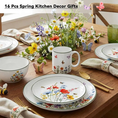 16 Pcs Wildflower Ceramic Dinnerware Set Floral Dish Set Spring Butterfly