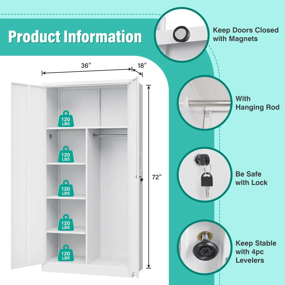 Deep Metal Storage Cabinet with Hanging Rod Lock,72 Tall Wardrobe Cabinets