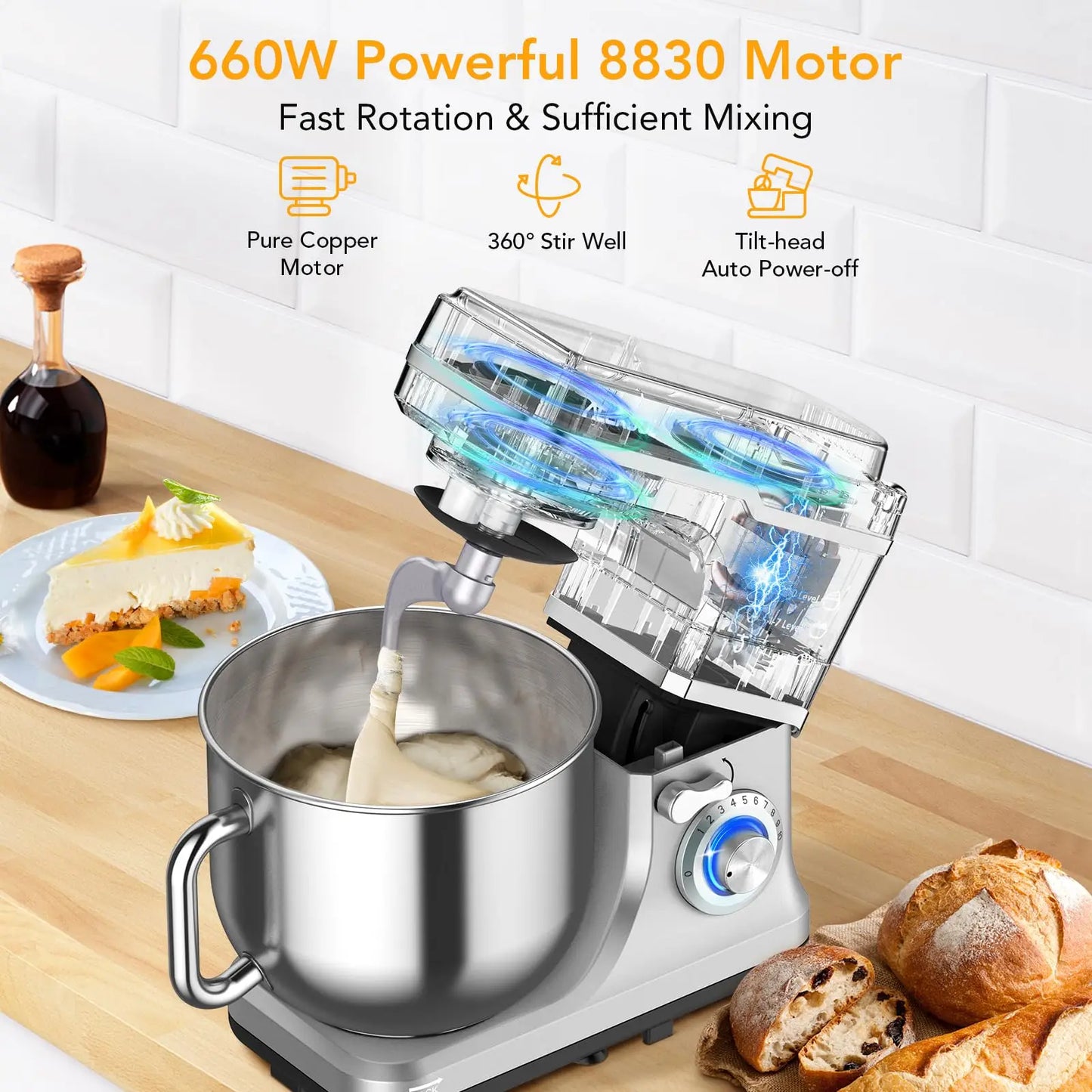 7.5Qt Electric Dough Mixer, Tilt-Head  With Stainless Steel Bowl & Attachments