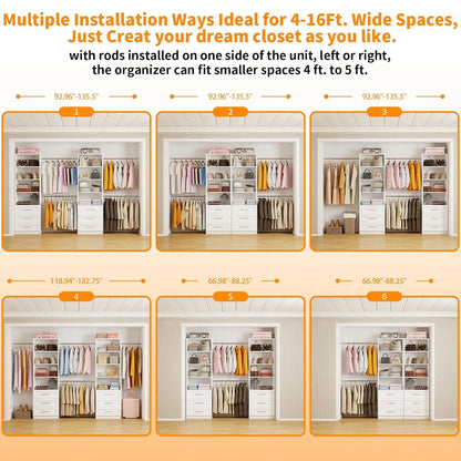 6-15FT Wooden Closet Organizer 8 Rods  White 2 Sets, Customized