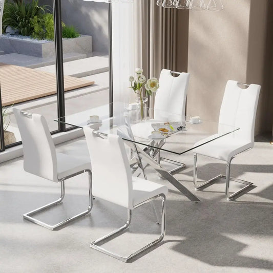 Dining Table Set for 4, Modern Rectangular Glass Table with 4 Upholstered Leather chairs