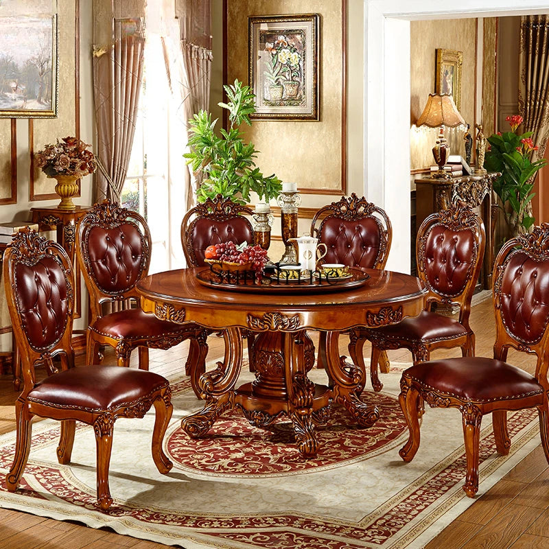Dining table and chair combination solid wood marble round table with turntable