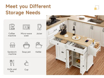 60" Mobile Kitchen Island Table Drop Leaf Carts with Power Outlet