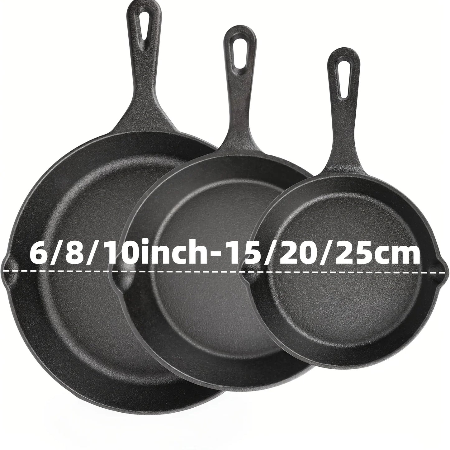 3-Piece Cast Iron Skillet Set (6/8/10 Inch) - Pre-Seasoned, Non-Stick,