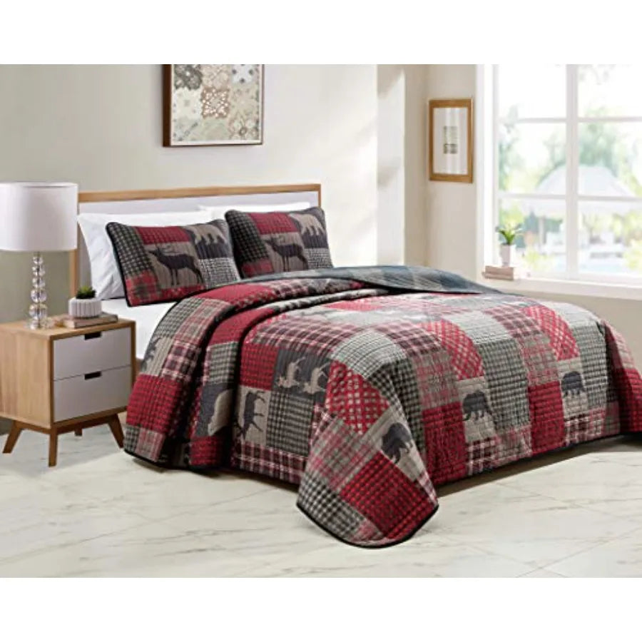 Log Cabin Lodge Quilted Reversible Plaid Bear Patchwork Bed Set -