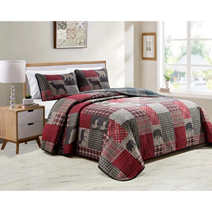 Log Cabin Lodge Quilted Reversible Plaid Bear Patchwork Bed Set -