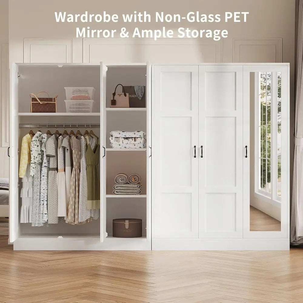 3-Door Wardrobe with Mirror, White storage Cabinet