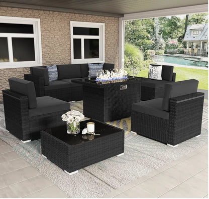8 Pieces Patio Furniture Set with 44" Propane  Conversation Sofa Sets
