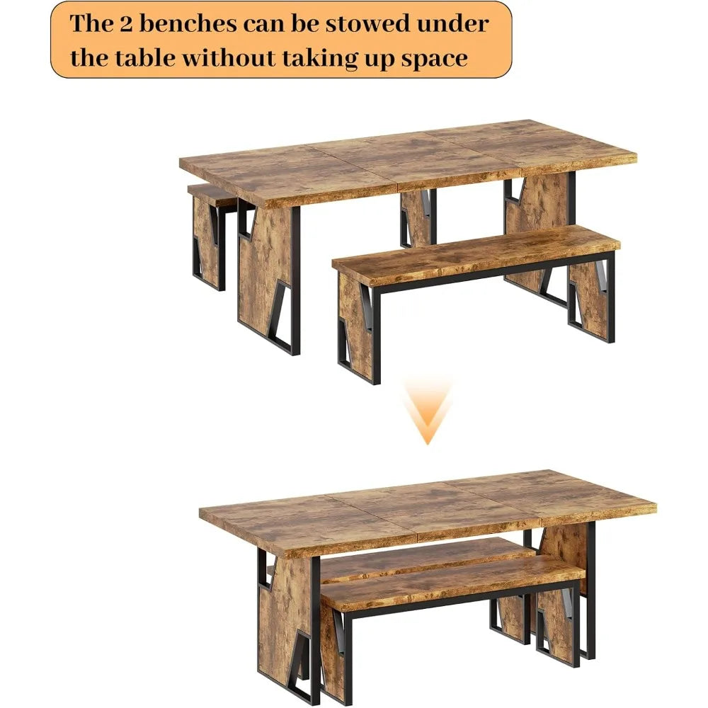 70.8" Wooden Dining Table with 2 Benches,  Set for 4-6 Person,