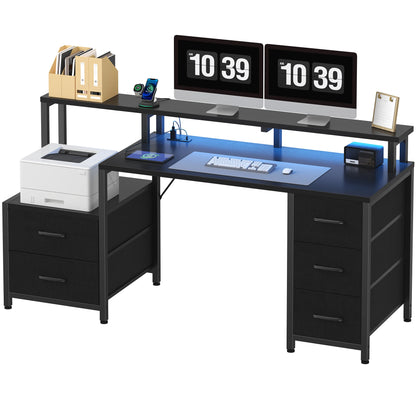 JHK 67In Desk with 5 Storage Drawers LED Lights Power Outlets