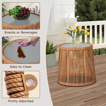 3 Piece Outdoor Wicker Bistro Set, w/2  Rattan Chairs and Tempered Glass Table,